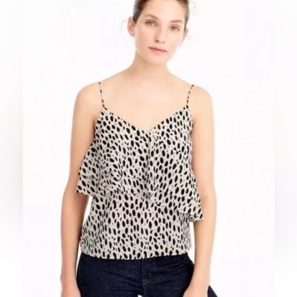 J Crew Silk Ruffle Cami Leopard Print Top Spaghetti Strap Size 12 NEW